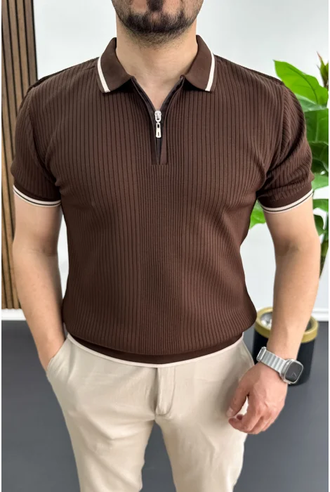 Erkek Polo Yaka Çizgili Tişört Kahverengi Edw472