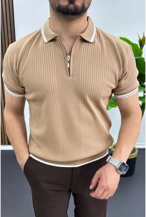 Erkek Polo Yaka Çizgili Tişört Açık Kahverengi Edw472