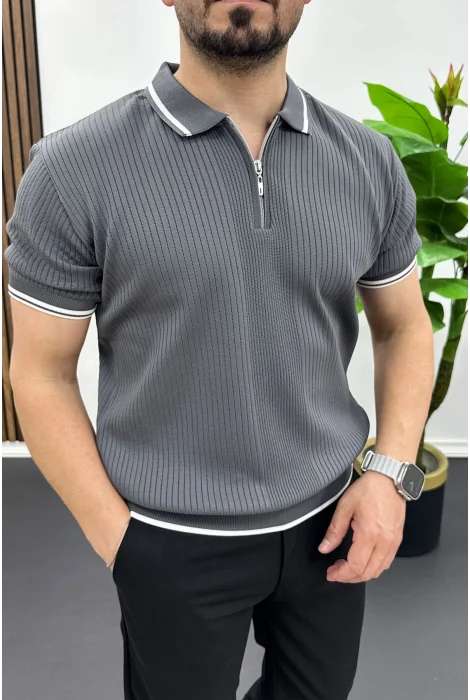 Erkek Polo Yaka Çizgili Tişört Füme Edw472