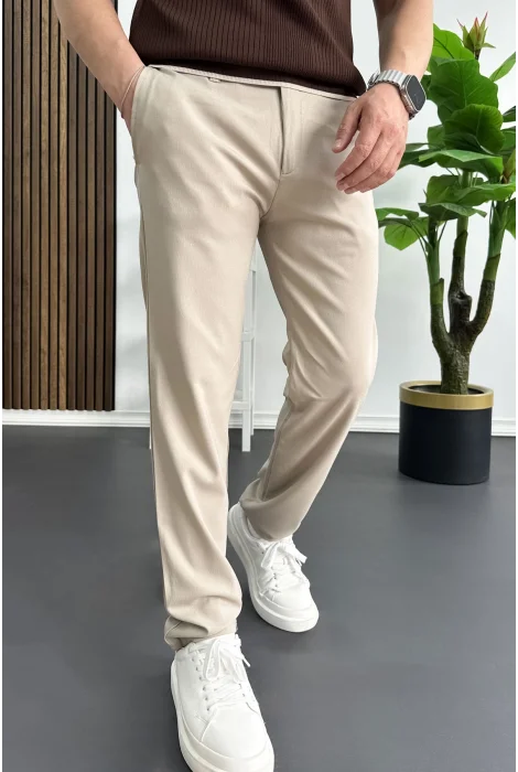 Erkek Slim Fit Beli Düğmeli Pantolon Krem Edw473