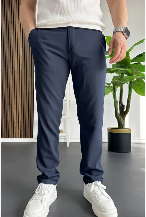 Erkek Slim Fit Beli Düğmeli Pantolon Lacivert Edw473