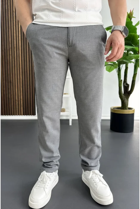 Erkek Slim Fit Beli Düğmeli Pantolon Gri Edw473