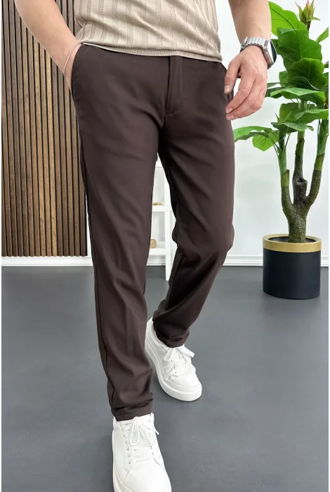 Erkek Slim Fit Beli Düğmeli Pantolon Kahverengi Edw473