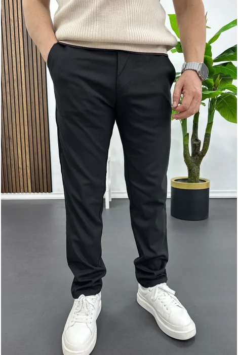 Erkek Slim Fit Beli Düğmeli Pantolon Siyah Edw473