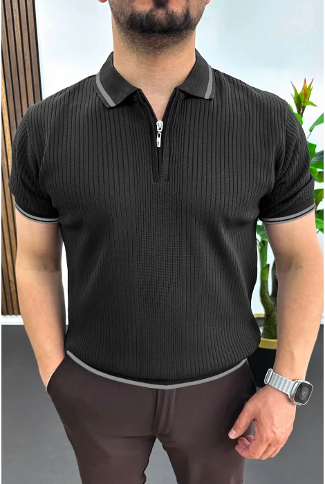Erkek Polo Yaka Çizgili Tişört Siyah Edw472