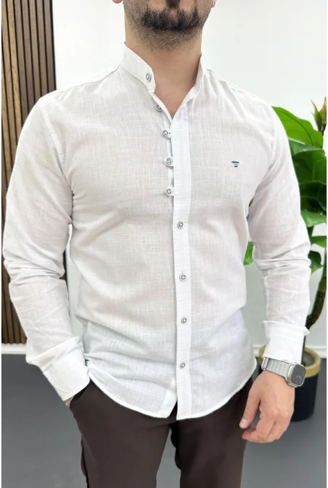 Erkek Hakim Yaka Düğme Detaylı Pamuklu Gömlek Beyaz Edw475