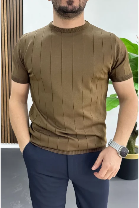Erkek Bisiklet Yaka Çizgili Tişört Açık Kahverengi Edw456