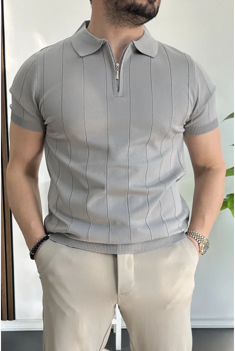 Erkek Slim Fit Fermuarlı Polo Yaka Tişört Gri Edw452