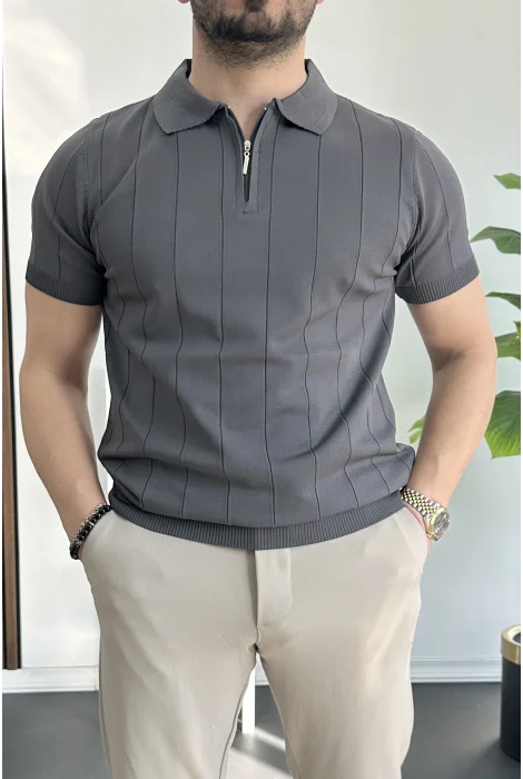 Erkek Slim Fit Fermuarlı Polo Yaka Tişört Antrasit Edw452