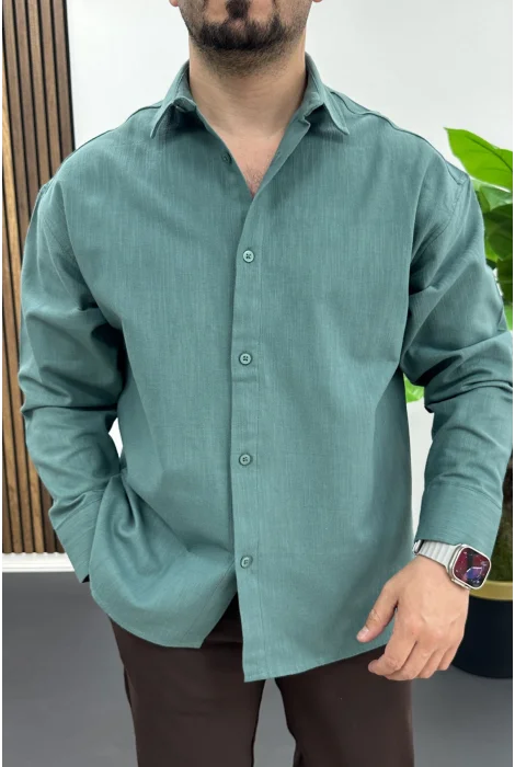 Erkek Pamuklu Keten Görünümlü Gömlek Su Yeşili Edw444