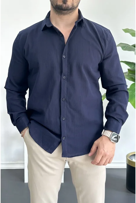 Erkek Krinkıl Kumaş Gömlek Lacivert Edw362