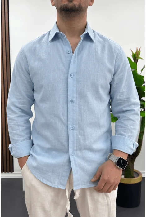 Erkek Pamuklu Keten Görünümlü Gömlek Açık Mavi Edw444