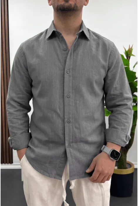Erkek Pamuklu Keten Görünümlü Gömlek Antrasit Edw444