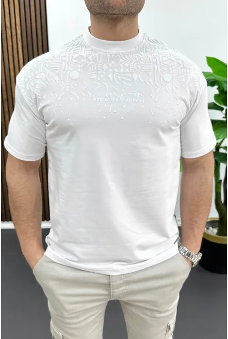 Erkek Kabartma Baskılı Tişört Beyaz Edw489