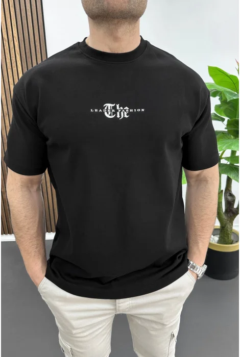 Erkek Kabartma Baskılı Slogan Tişört Siyah Edw490