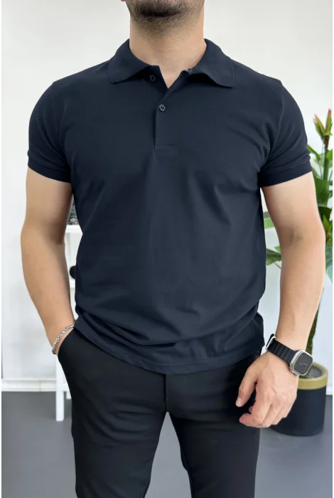 Erkek Slim Fit Düz Renk Pamuklu Soft Polo Tişört Lacivert Edw365