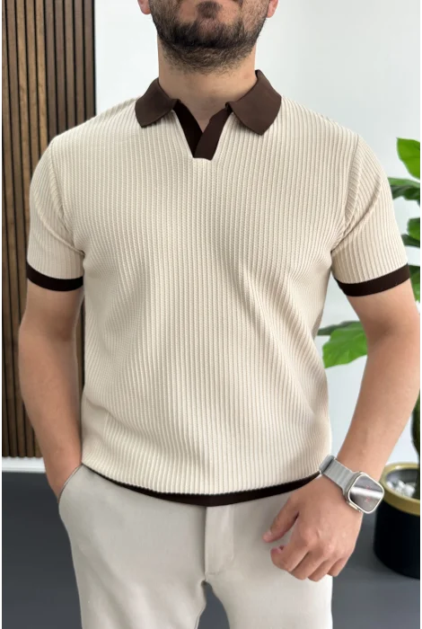 Erkek Yaka Renkli Tişört Krem Edw496