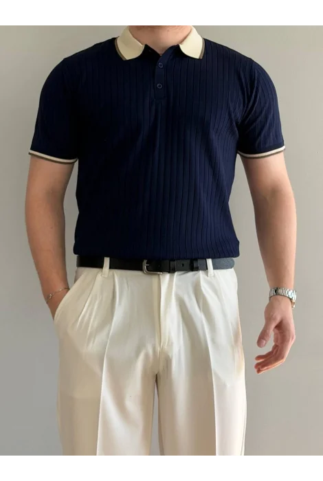 Erkek Şerit Detaylı Polo Yaka Tişört Lacivert Edw497