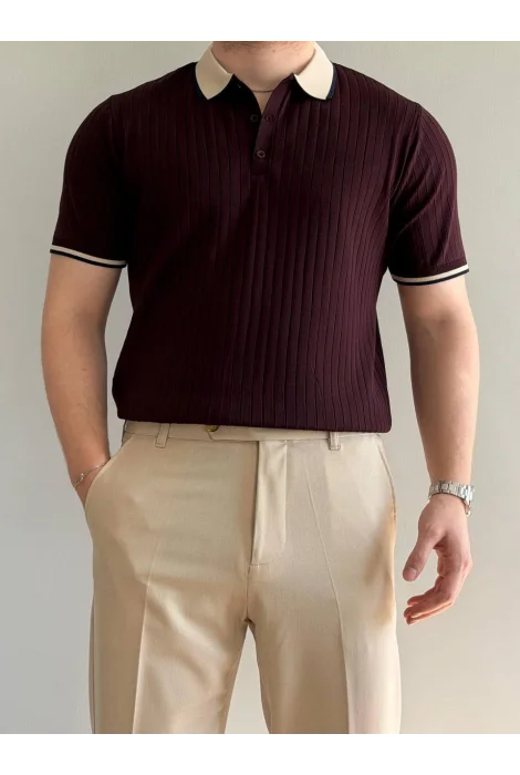 Erkek Şerit Detaylı Polo Yaka Tişört Bordo Edw497