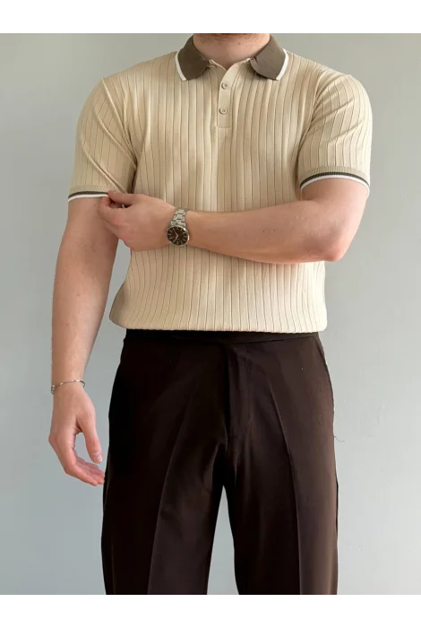 Erkek Şerit Detaylı Polo Yaka Tişört Krem Edw497