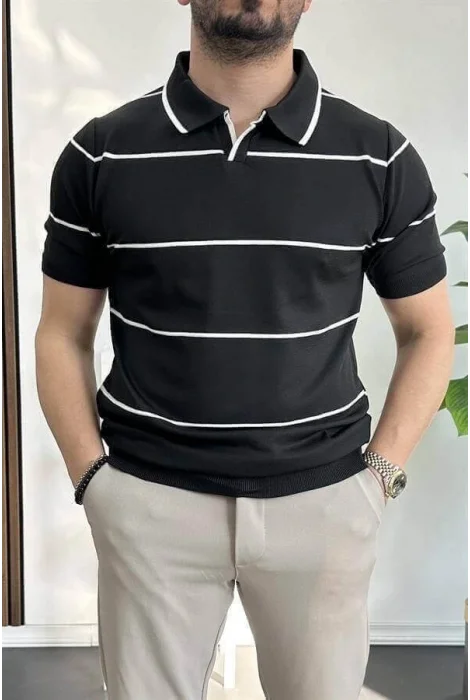 Erkek Açık Yaka Yan Çizgili Tişört Siyah Edw259