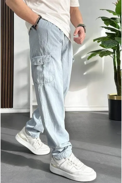 Erkek Baggy Kalıp Kargo Cepli Pantolon Açık Mavi Edw131