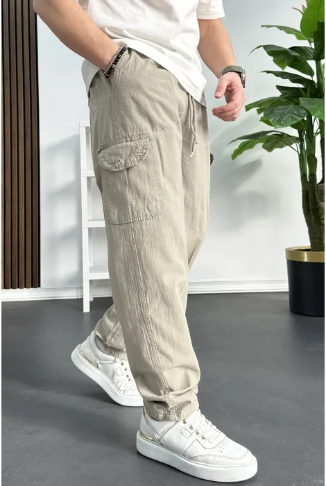 Erkek Baggy Kalıp Kargo Cepli Pantolon Bej Edw131
