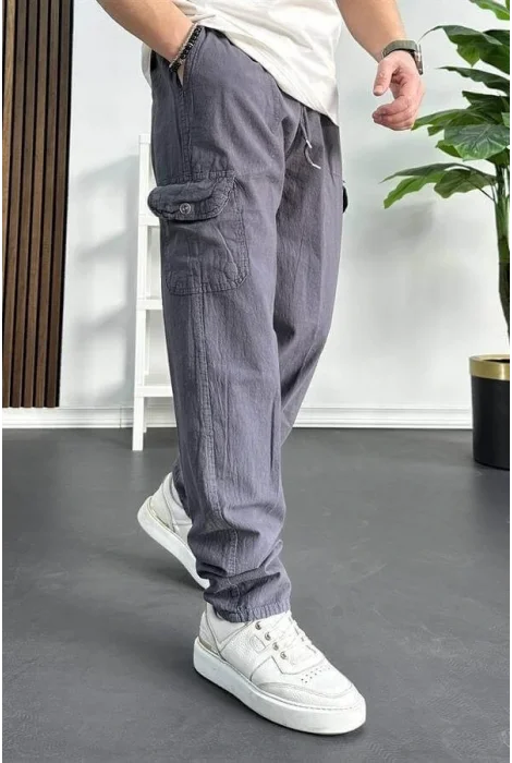 Erkek Baggy Kalıp Kargo Cepli Pantolon Füme Edw131