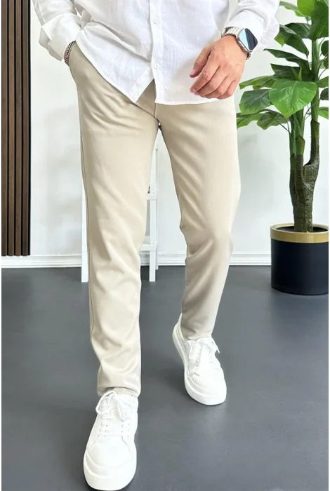 Erkek Beli Düğmeli Pamuklu Dar Kalıp Pantolon Bej Edw364
