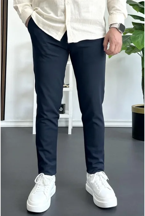 Erkek Beli Düğmeli Pamuklu Dar Kalıp Pantolon Lacivert Edw364