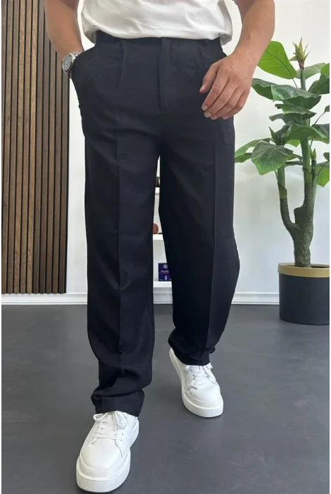 Erkek Beli Düğmeli Rahat Kalıp Yazlık Pantolon Siyah Edw393