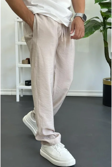 Erkek Beli Lastikli Modal Kumaş Rahat Kesim Pantolon Krem Edw396