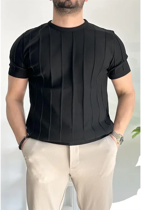 Erkek Bisiklet Yaka Desenli Tişört Siyah Edw260