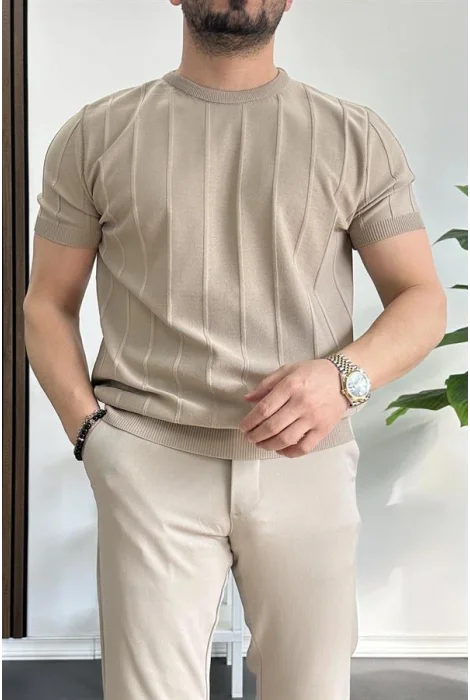 Erkek Bisiklet Yaka Desenli Tişört Vizon Edw260