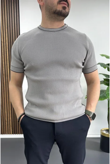 Erkek Bisiklet Yaka Triko Tişört Gri Edw233