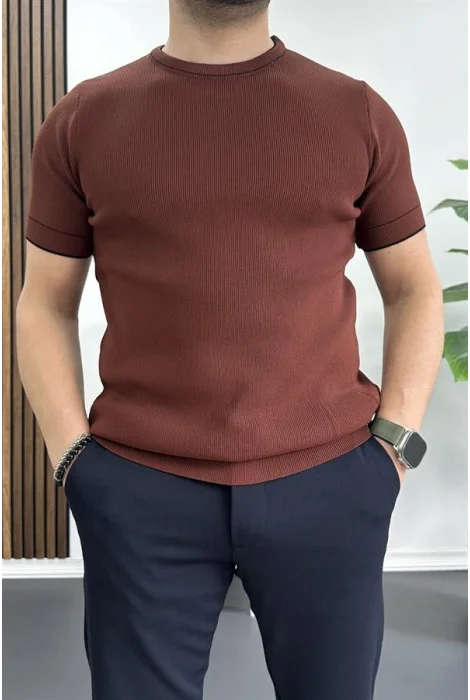 Erkek Bisiklet Yaka Triko Tişört Kiremit Edw233