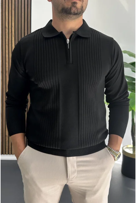 Erkek Çizgi Desenli Normal Kalıp Kazak Siyah Edw422