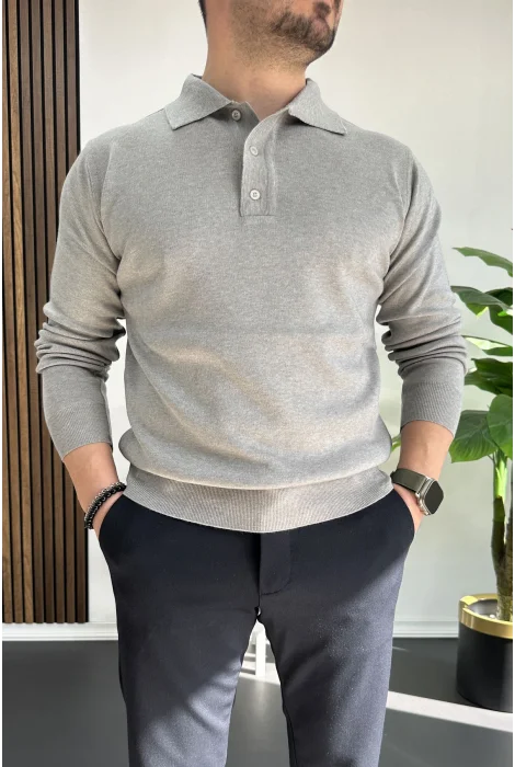 Erkek Düğmeli Polo Yaka Kazak Gri Edw231