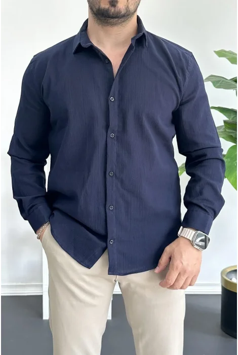 Erkek Krinkıl Kumaş Gömlek Lacivert Edw362