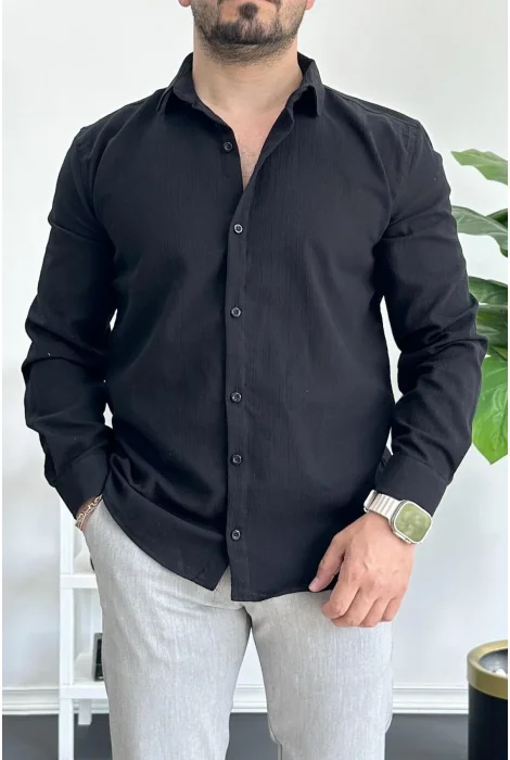 Erkek Krinkıl Kumaş Gömlek Siyah Edw362