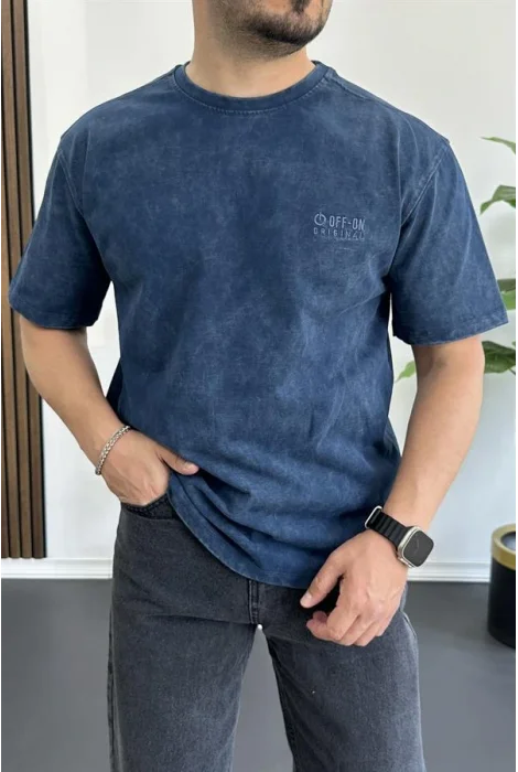 Erkek Oversize Geniş Kesim Yıkamalı Kumaş Nakış Logolu Tişört Mavi Edw366