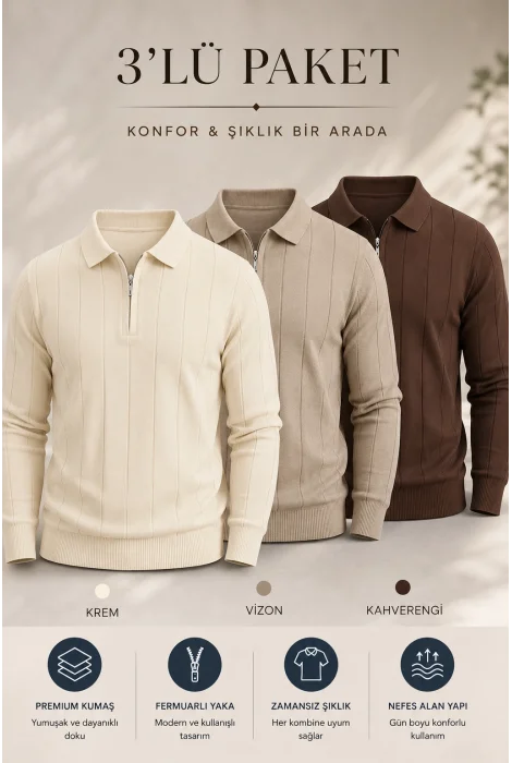 Erkek Polo Yaka Kazak 3lü Takım T3 Edwtk195