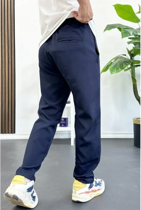 Erkek Slim Fit Beli İpli Düğmeli Pantolon Lacivert Edw403