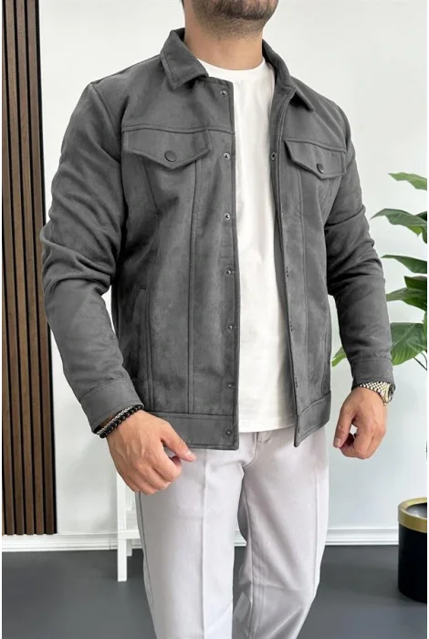 Erkek Slim Fit Cepli Nubuk Ceket Füme Edw081