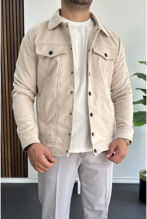 Erkek Slim Fit Cepli Nubuk Ceket Krem Edw081