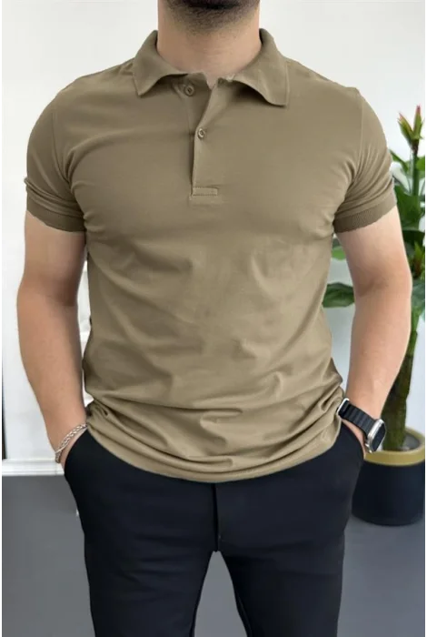 Erkek Slim Fit Düz Renk Pamuklu Soft Polo Tişört Açık Kahverengi Edw365