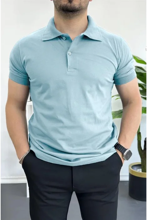 Erkek Slim Fit Düz Renk Pamuklu Soft Polo Tişört Açık Mavi Edw365