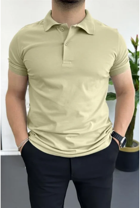 Erkek Slim Fit Düz Renk Pamuklu Soft Polo Tişört Bej Edw365