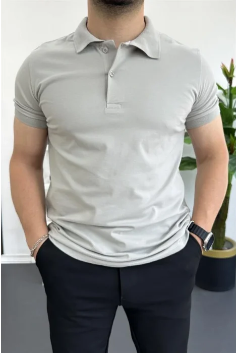 Erkek Slim Fit Düz Renk Pamuklu Soft Polo Tişört Gri Edw365