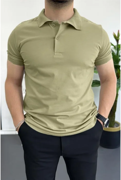 Erkek Slim Fit Düz Renk Pamuklu Soft Polo Tişört Haki Edw365